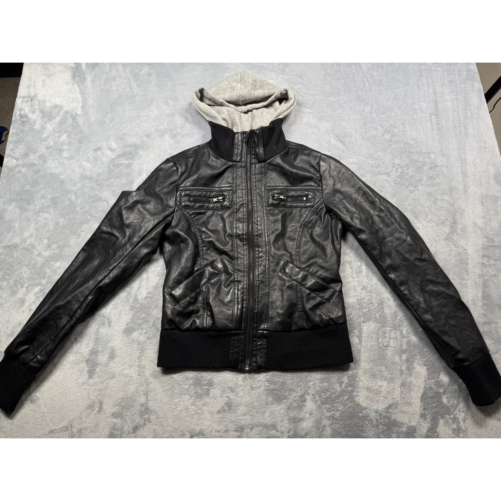 BB Winter Moto Jacket Womens Juniors Small Black Hooded Full Zip Edgy Streetwear